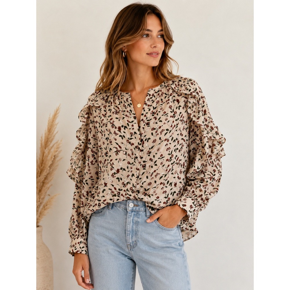 Lucca Floral Top Ruffle Blouse Boho Romantic Cottagecore Prarie Boho Medium NWT